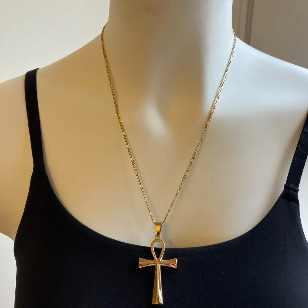 Real 18k Gold Plated 20 in Stainless Steel Figaro + matching Cross Pendant  NEW